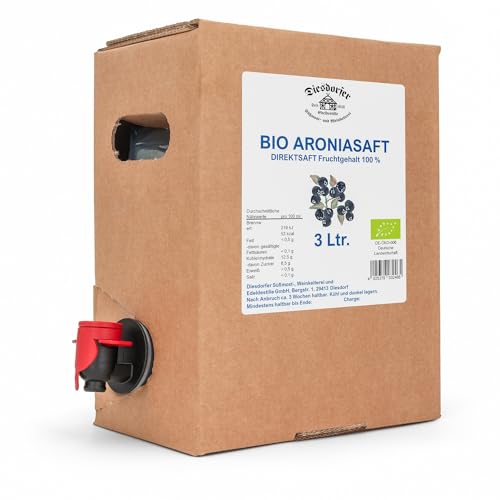 Diesdorfer Bio Aroniasaft, 3 L Bag in Box, Direktsaft aus der Aroniabeere, 100% vegan