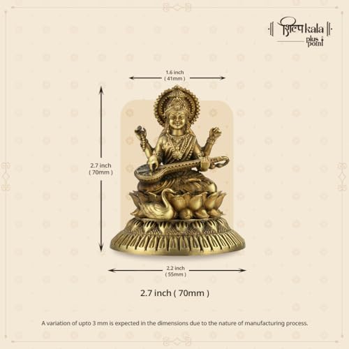 Image of Ultra Fine Saraswati Maa Idol Seated on Lotus Holding Veena - Fine Detailing of God Statue for Study Table, Murti for Mandir, Idols for Gift & Housewarming (2.7 Inch, Coffee Antique)