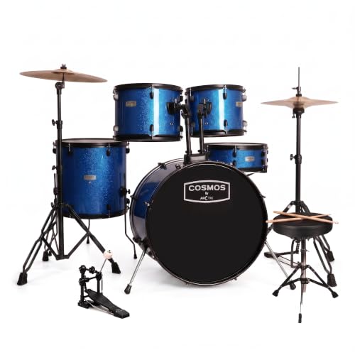 Image of ARCTIC COSMOS 5 Piece Complete Acoustic Drum Kit /Drumset with drumsticks, Cymbals and throne - With Hardware. Best Sounding shells, most durable build. (Blue)