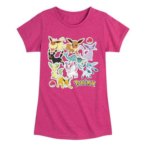 HYBRID APPAREL - Pokémon - Eevee Evolution Stickers - Youth Girls Short Sleeve Graphic T-Shirt - Size Medium Heather Fuchsia