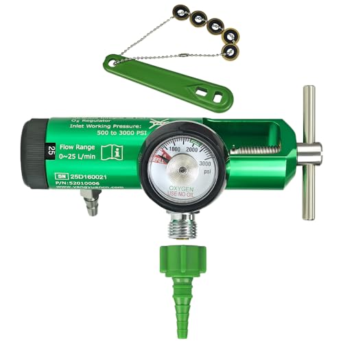 EMS - Regulador de oxígeno de grado profesional con 1 llave y 2 sellos de arandela de yugo de latón, 0-25 LPM con calibre, resistente a la rotura, doble salida (válvula de...