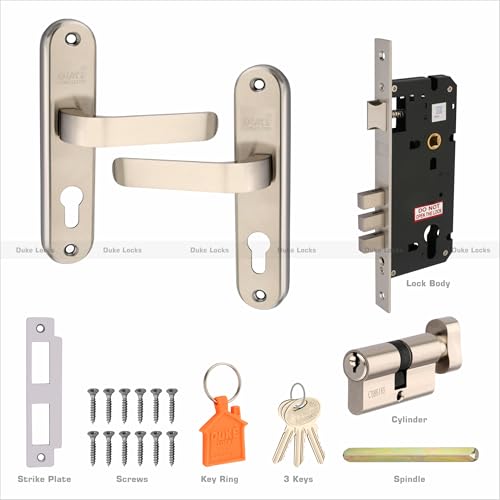 Image of Duke Lock Stainless Steel Mortice Door Set 1008 SS CY for Main Door, Kitchen, Bedroom, Office, Hotel Brass Lock Body with Brass Cylinder and 3 Brass Keys Brass Antique Color 190 MM (8 INCH)