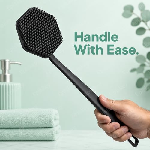 Image of Episkey Back Scrubber - Exfoliates & Deep Cleans - Silicone Shower & Bath Brightening Body Brush with Long Handle and Bespoke Bristles - Bathroom & Hygiene Accessory - Charcoal