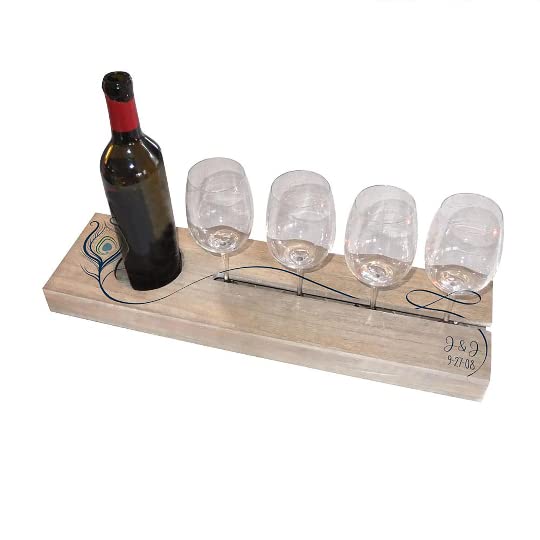 Personalized Wine Caddy, Custom Wood Serving Tray, Peacock Feather Design - Gift for 5th Anniversary, Wedding, Engagement, Housewarming, Birthday,