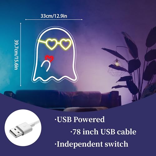 Image of White&Yellow Neon Sign Led Neon Lights Signs for Wall Decor USB Powered Led Signs for Room Decoration-Eyeglass Heart Ghost