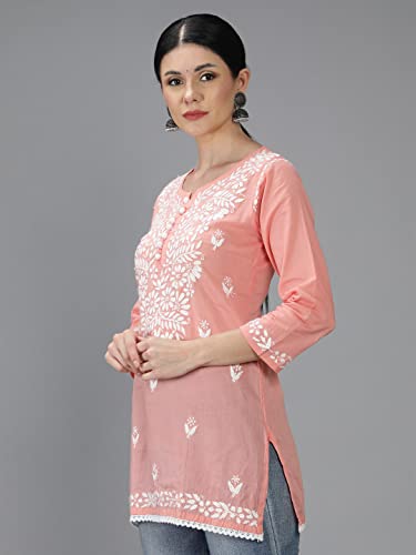 Image of Seva Chikan Hand Embroidered Lucknowi Chikankari Cotton Short Top Tunic for Women SCL9017