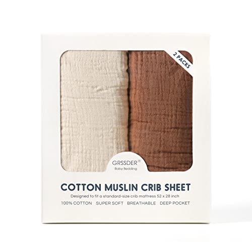 Image of GRSSDER 100% Cotton Muslin Crib Sheet 2 Pack - Breathable & Ultra-Soft Fitted Crib Sheets for Standard Baby & Toddler Mattresses, 52 inchx28 inch with 9 inch Deep Pocket, Snug Fit All-Around Elastic