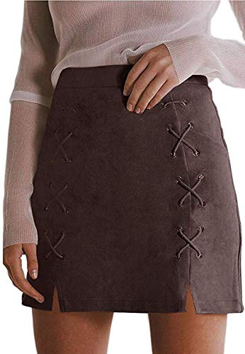 katiewens Women's Classic High Waist Lace Up Bodycon Faux Suede A Line Mini Pencil Skirt