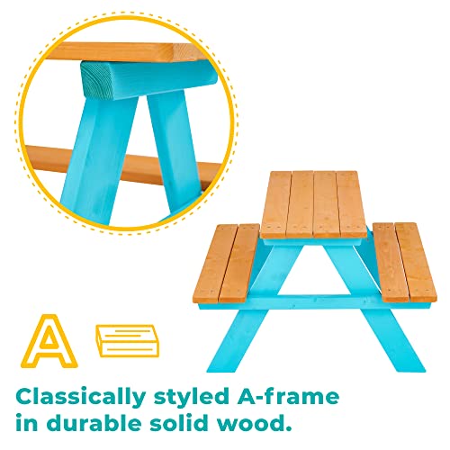 Teamson Kids Picnic Table, Kids Outdoor Table With Built-In Benches, Natural/Aqua #TOP4