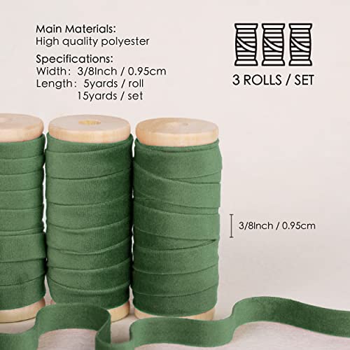 Vitalizart Green Velvet Ribbon Set 3/8" x 5Yd x 3 Rolls, Wooden Spool - Image 2