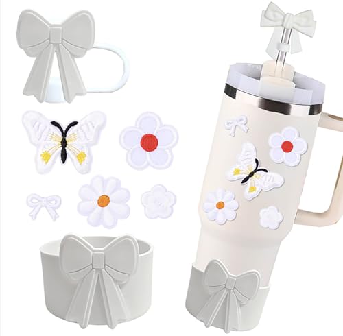 Image of House of Quirk 7 PCS Cup Accessories Set | Tumbler Accessories for 30oz & 40oz | Silicone Boot, Butterfly Sticker, Straw Cover (White Sticker, Tumbler Not Included)