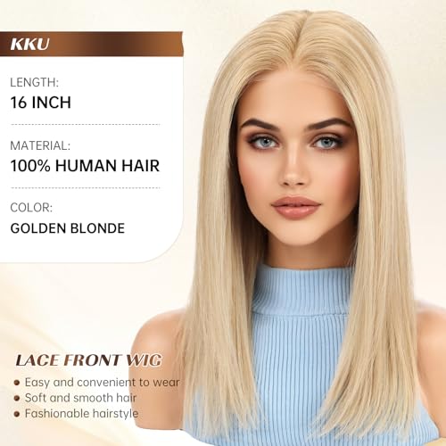 Image of KKU 16 Inch Human Hair Wigs for Women,5x5 Lace Front Wigs Human Hair,wigs for women (Golden Blonde)