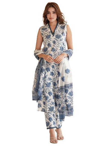 PARTHVI Women’s Viscose Rayon Printed Straight Kurta and Pant White Dupatta Set