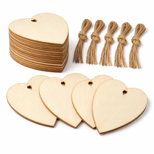 Unfinished Wooden Ornaments with Holes 3.15 50 Pcs DIY Paintable Wood Craft Decorations for Valentines Day Christmas Natural Hanging Shapes for Classroom Activities & Handmade Gifts
