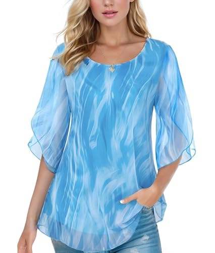3/4 Length Sleeve Womens Tops Womens Dressy Casual Chiffon Blouses Flowy Summer Tunic Tops Loose Fit Shirt