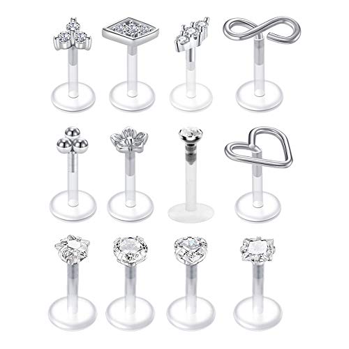 Mayhoop 12Pcs Piercing Tragus Helix Labret Studs 16G Acrylique Flexible Clair CZ avec Top Argent Retainers Clou de Oreille Tragus Cartilage Helix Lèvre Femme Homme Bijoux de Piercing 6mm Cover