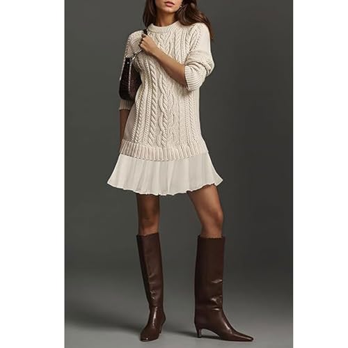 Women's Cable Knit Sweater Dress,2025 New Causal Crew Neck Long Sleeve Patchwork Pleated Knit Pullovers Mini Dresses4
