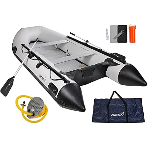 Nemaxx Professional Schlauchboot 380 cm, Paddelboot für 6 + 1 Personen - Sportboot, Ruderboot, aufblasbares Boot, Angelboot mit Aluboden und 2 Sitzbänken, hellgrau - inkl. 2 Paddel und Luftpumpe Cover