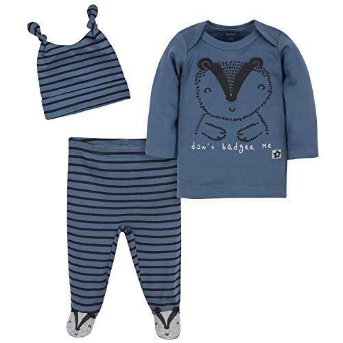 Grow by Gerber Baby Boys Organic 3-Piece Shirt, Footed Pant, and Cap Set, Blue/Black, 0-3 Months