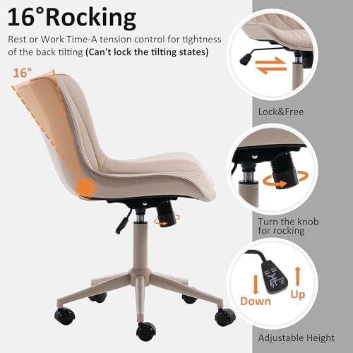 Image of YOUTASTE All Cream Office Chair, Modern Armless Desk Chair with Back, Adjustable Swivel Rolling Faux Leather Task Chair with Wheels Metal Base for Home Office, Study, or Vanity