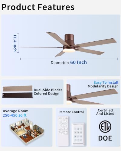 Image of Rayqueen 60 Inch Brown Flush Mount Ceiling Fans with Lights and Remote