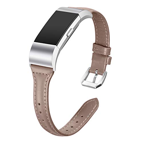 bayite Bands Compatible with Fitbit Charge 2, Slim Genuine Leather Band Replacement Accessories Strap Charge2 Women Men, Caramel Chocolate Large