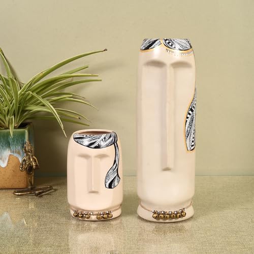 Image of Aakriti Art Creations Midnight Mystique Planter | Set of 2 Handmade Ceramic Vases | White Matte Finish Modern Art Decorative Flower Vases for Living Room, Table Decor & Gifting