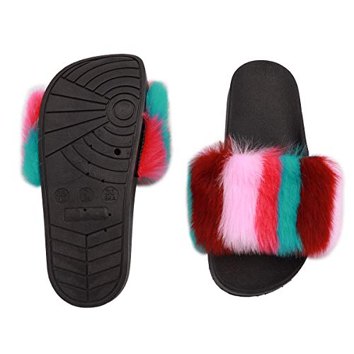surell - Womens Faux Rex Rabbit Fur Strap Slippers - Fluffy Furry Soft Footwear Slides for Indoor and Outdoor Use - Soft Comfortable Relaxing Shoes - Fuzzy Fluffy Vacation Slide3