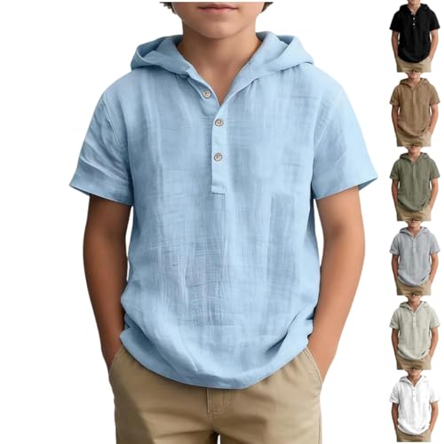 Musselin Hemd Jungen Kurzarm Leinen T-Shirt Sommer Kinder Weißes Hemden Lässige Leinenhemd Button Down Henley Shirt Einfarbig Hoodie Tops mit Kapuze für 5-14 Jahre (A01-Blue 160)