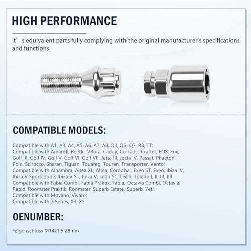 Konuooer 4X Radschloss Radschrauben Satz Felgenschloss Diebstahlsicherung Radmuttern kompatibel mit A1 A3 A4 A5 Golf Jetta Touran Seat Vivaro X3 X5 M14x1,5 28mm mit 1x Schlüssel