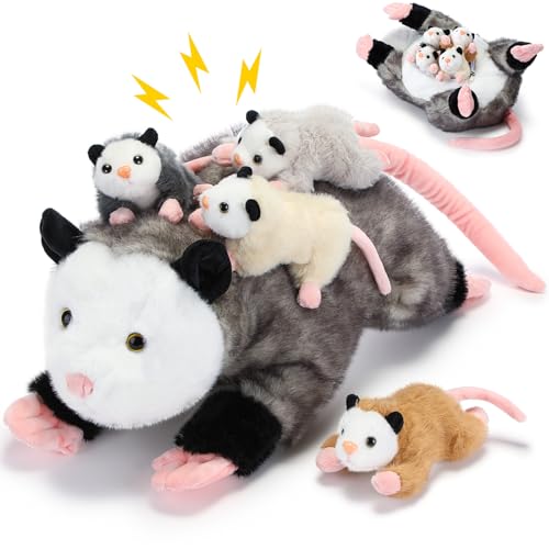 Image of Hollowfly 5 Pcs Opossum Stuffed Animal Mommy with 4 Baby Possum Plush Toy