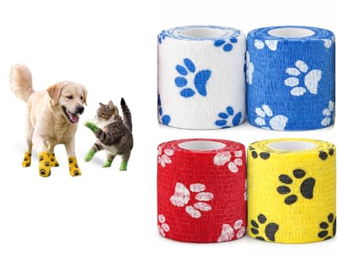 Image of Dog Bandage Cohesive Wrap for Paw & Leg | 5cm x 4.5m - Pack of 4 | Easy Tear, Fur Safe | Self Adhesive Elastic Vet Tape for Walking Protection, Wound Care & Licking Prevention Bandage Roll