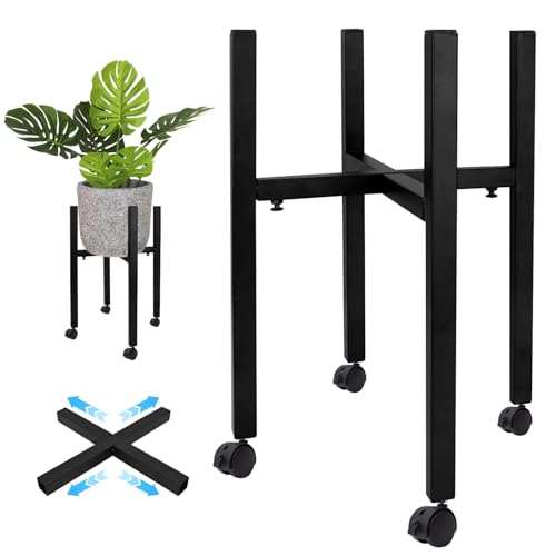 JNUYISW Verstellbarer Pflanzenständer, Blumenständer Metall Schwarz mit 4 Umlenkrollen für 24-38 cm Verschiedene Topfgrößen Blumenhocker Pflanzenhocker für Haus Garten Innen Außen Dekoration