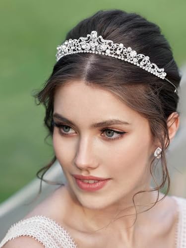Image of SWEETV Rose Gold Wedding Tiaras and Crowns with Side Comb, Rhinestone Bridal Crown Princess Tiara Jewelry Headpieces for Women and Girls