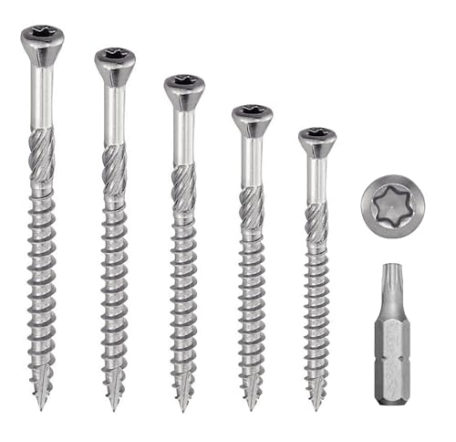 Terrassenschrauben Edelstahl A2: 5 x 60 mm, Senkkopf, reduzierter TORX, Ø 5 x 60 mm | Holzschrauben für Terrassen/Bretter/Verkleidungen | Edelstahl A2 (V2A/304) | 1 Bit im Lieferumfang enthalten: 50