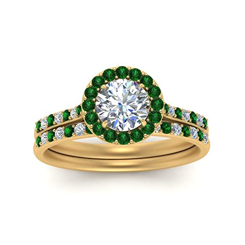 Image of Choose Your Gemstone Round Halo Ring with Matching Pave Band Yellow Gold Plated Round Shape Wedding Ring Sets Everyday Jewelry Wedding Jewelry Handmade Gifts for Wife US Size 4 to 12