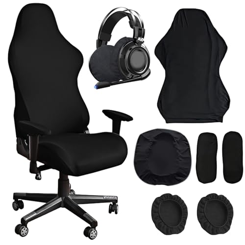 WIYETY Funda para silla de videojuegos, funda para silla de oficina, color negro, elástica, para silla de oficina, videojuegos, estilo carreras, color negro, con funda para auriculares