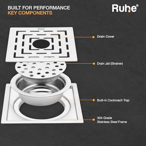 Image of Ruhe Sapphire Exclusive Square Flat Cut Floor Drain /Jali with Cockroach Trap & Hole | 304 Stainless Steel Floor Drain | 6 x 6 inches