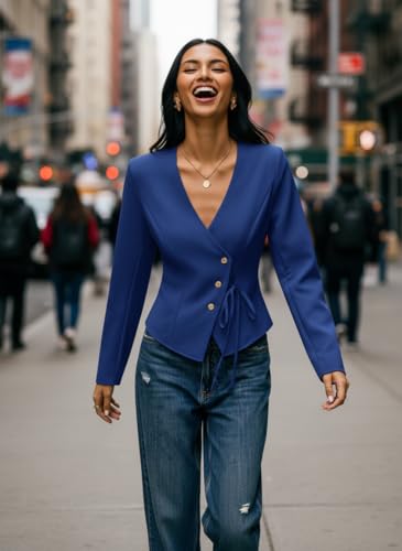 Image of Women's Cotton Tops | Casual Wrap V Neck Top | Long Sleeve Textured Side Tie Shirt | Elegant Slim Fit Crossover Tunic | Stylish Office Wear & Trendy Streetwear Apparel(38-K-1-4)