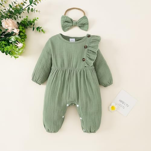 Newborn Baby Girls Smocked Romper Preemie Long Sleeve Going Home Outfit with Bow Headband2