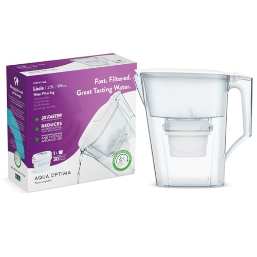 Aqua Optima Liscia Caraffa Filtro Acqua e Cartucce Filtro Acqua 1 x 30 Giorni Evolve+, Capacità 2,5 Litri, per Riduzione di Microplastiche, Cloro, Calcare e Impurità, Bianc