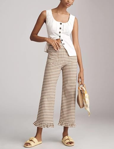 Women's Plaid Flare Pants Summer Casual Gingham Elastic Waist Ruffle Cropped Hem Y2K Loose Fit Trousers with Pockets3