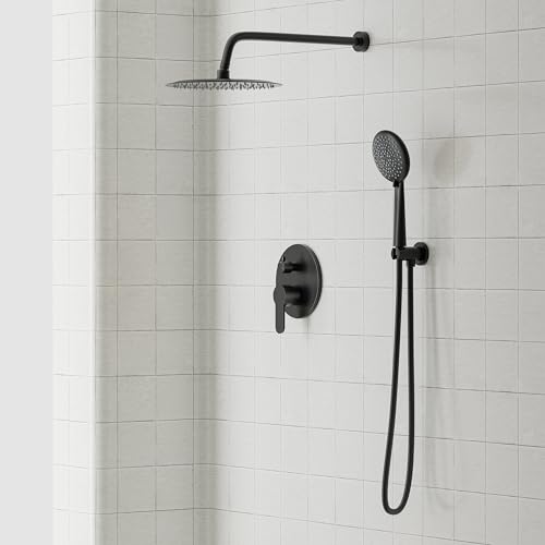 Image of Gabrylly Shower System Black, Pressure Balance Shower Faucet Set, 10 inch Stainless Steel Rain Shower head with 5-Mode Handheld Shower Spray Combo,High Pressure Rainfall Shower Head Set, Matte Black