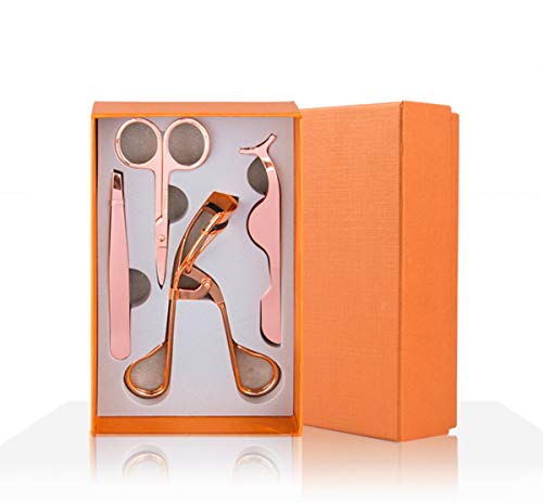JPNK Rose Gold Set Of Professional Stainless-Steel Eyelash Curler, False Lash Applicator, Tweezers And Eyebrow Scissors.