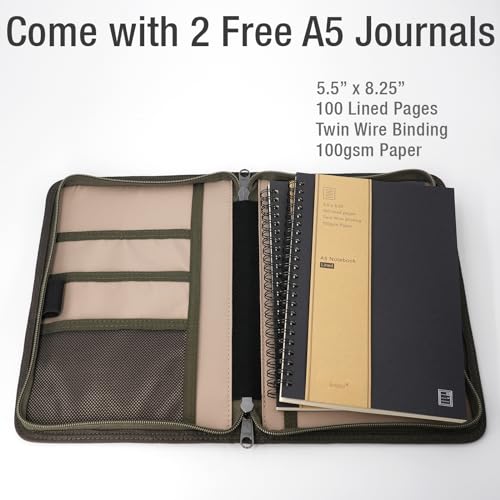 Image of A5 YKK Zipper Notebook Journal Planner Sketchbook Cover for 5.5 x 8.25 Moleskine Cahier 5 x 8 legal note pads A5 LEUCHTTURM, Pen Loop, Water Resistant Cover, Classy Waxed Canvas, Olive