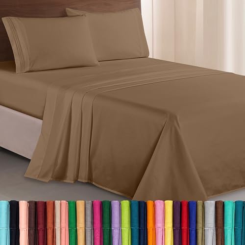 Image of Elegant Comfort Luxurious 1500 Premium Hotel Quality Microfiber Three Line Embroidered Softest 4-Piece Bed Sheet Set, Wrinkle and Fade Resistant, Queen, Taupe