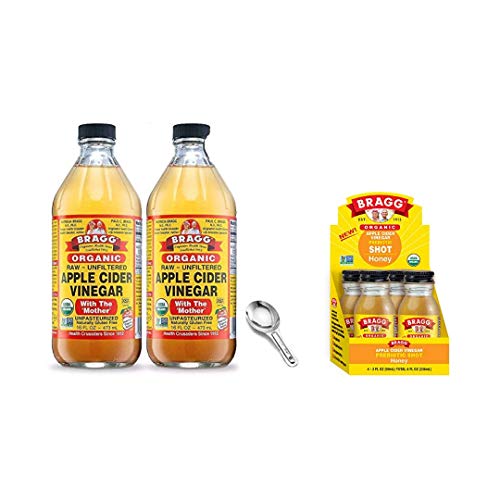 Bragg Organic Apple Cider Vinegar With the Mother 16 Oz Pack of 2 w/ Measuring Spoon and Bragg Organic Apple Cider Vinegar Shot with Honey 2 Oz ACV Shot Pack of 4 Bundle
