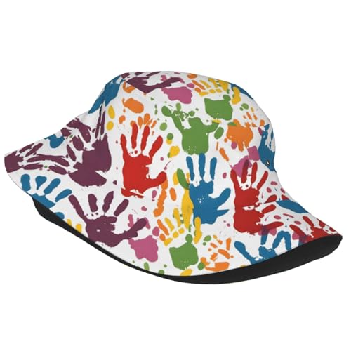 Kids Hand Print Foldable Double-Sided Printed Sun Hat, Fisherman Outdoor Travel Hiking Beach Hat, Unisex Black2