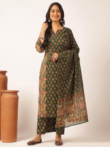 Image of Vbuyz Women's Printed & Embellished & Mirror Work Straight Cotton Stitched Kurta set | Straight Kurta Pant Dupatta | Kurta Set with Dupatta for Women | Suit Set | Ethnic Set | Printed Kurta Set