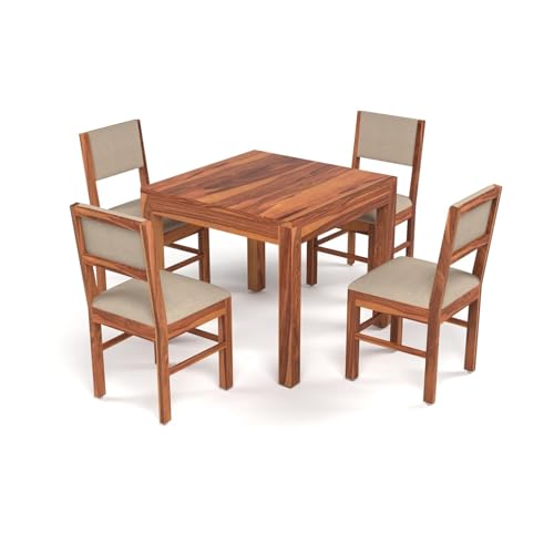 Image of Solid Sheesham Wood 4 Seater Dining Table Set with Cushioned Chairs for Dining Room | Living Room | Home & Office | Hotels Restaurant & Cafe (Honey, 4 Seater)